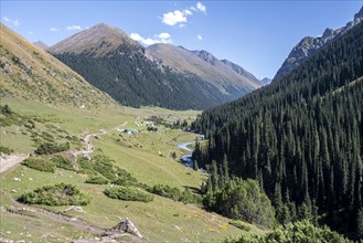 Green mountain valley with the village of Altyn Arashan, Tien Shan Mountains, Kyrgyzstan, Asia