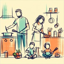 Family involved in meal preparation in a kitchen setting depicted in abstract drawing style, AI