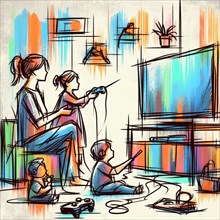 Illustration of a family gaming together in a cozy room filled with vivid colors, AI generated