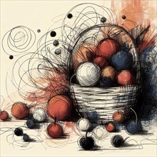 Abstract and dynamic sketch of a colorful fruit basket with sketchy lines and shapes, AI generated