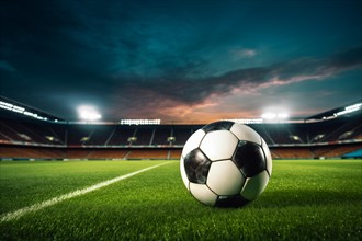 A soccer ball on a green field in soccer football stadium in evening with floodlights lights, AI