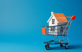 Real estate shopping concept, a house is a shopping cart on blue background, AI generated
