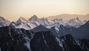 High mountain peaks with glaciers at sunset, Ala Kul Pass, Tien Shan Mountains, Kyrgyzstan, Asia