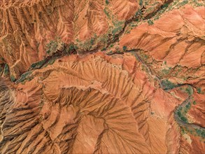 Badlands, canyon with eroded red sandstone rocks, Konorchek Canyon, Boom Gorge, aerial view,
