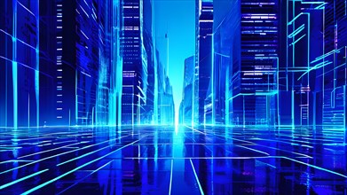 AI generated illustration of a cityscape with skyscrapers and holographic elements in blue color