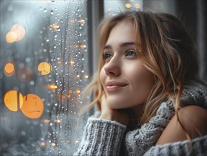 Bad weather, a woman looks sadly outside through a rainy window pane, AI generated