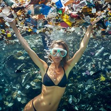 Woman dives under water and is surrounded by many plastic parts, AI generated