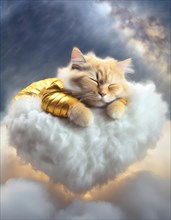 Tranquil ginger cat peacefully rests on a soft cloud, with glimmering golden wings, against a