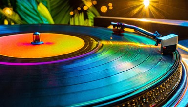 Vinyl play a song on a classic turntable against a vibrant background with bokeh effect ai