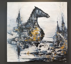 Decorative acrylic painting of mystic horse and castle by Liza Castro on dark living room wall