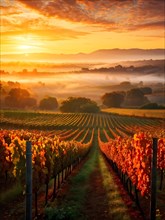 AI generated sunrise over a lush vineyard during autumn with harvest dew kissed grapes glistening