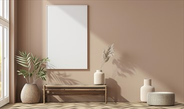 A blank image frame mockup on a warm taupe wall AI generated