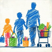Simplified abstract portrayal of a family going shopping together, AI generated
