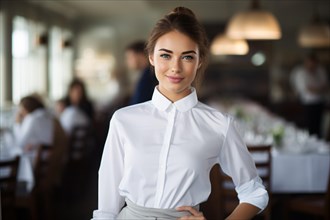 Young waitress in white blouse in restaurant. KI generiert, generiert, AI generated