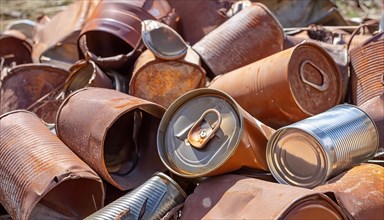 Symbol photo, rubbish, waste, many empty rusty cans in a pile, AI generated, AI generated