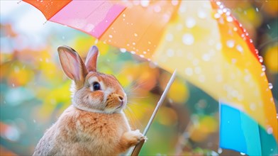 An adorable rabbit holding a polka dot umbrella in a charming rain shower with a bokeh effect, AI