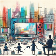 A family in a modern urban environment surrounded by abstract representations of technology, AI