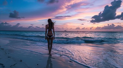 A beautiful woman walks on the beach at sunset during dream vacation near the ocean, AI generated