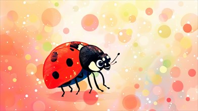 Colorful cartoon ladybug with polka dots and bokeh light effects, AI generated