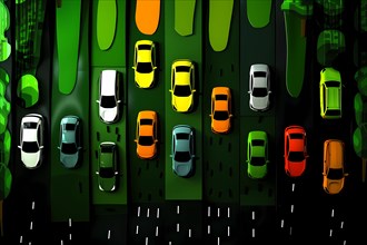 Aerial view of cars on a city street with green tones and glowing reflections, 3D, illustration, AI
