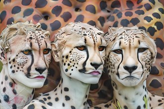 Imaginary cheetahs with human faces and eyes, AI generated