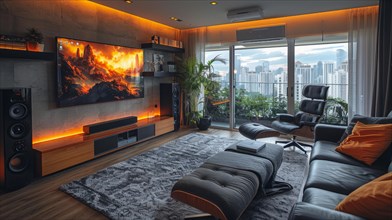 Modern living room with premium furnishings, city view, and ambient lighting in the evening, AI