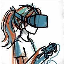 Illustration of a child with red hair using a VR headset and game controller, AI generated