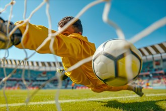 A soccer player in a yellow jersey goalkeeper is diving to catch a soccer ball. The goalie is