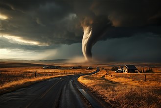 Disaster catastrophe storm concept, tornado in a field in the USA with road in field under stormy