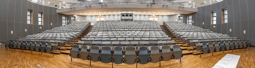 Panorama, view from the lectern to rows of seats in an empty lecture theatre, interior view,