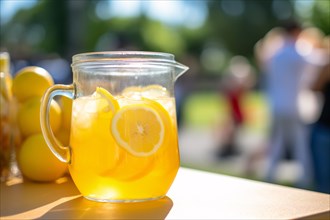 Pitcher with dresh lemonate at table. KI generiert, generiert, AI generated