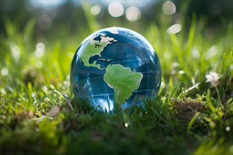 Earth globe in grass. KI generiert, generiert, AI generated