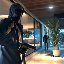 An armed burglar sneaks into a modern house with interior lighting, burglary, burglar, home