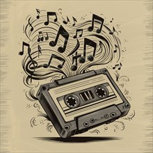 Stylized drawing of a retro cassette with music notes swirling around it, AI generated