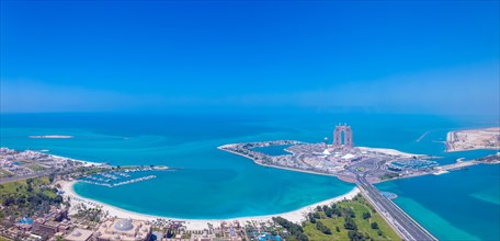 UAE, United Arab Emirates, Abu Dhabi waterfront downtown marina and coastal panorama and skyline,