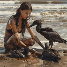 A young girl grooms oil-smeared Pelicans on a bright, sunny beach, KI generate, AI generated