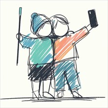 Two stick figure children taking a selfie together with a blue and orange theme, AI generated