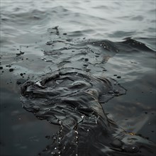 Gloomy, darkened water surface streaked with black oil, pollution, environmental protection, AI