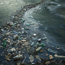 Polluted water with numerous floating plastic bottles, environmental pollution, environmental