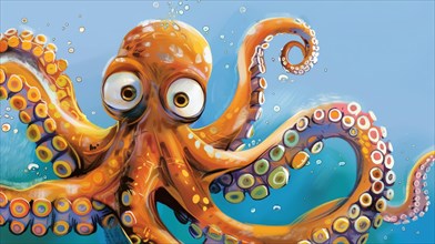 A goofy octopus surrounded by bubbles expresses playfulness in an underwater setting, AI generated