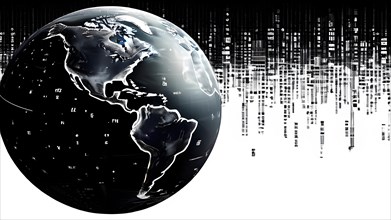 AI generated earth globe in black and white in binary code cascading in sequence in the background