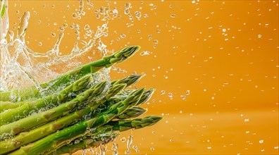 A bunch of fresh asparagus are falling into a pool of water. Concept of organic and healthy diet,