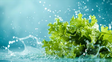 Fresh bunch of romaine lettuce floating in water. A concept of vegetarian lifestyle and vegetarian