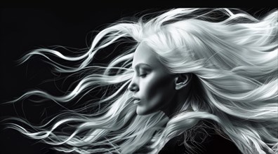 A blonde woman model with long silver hair is posing in front of a white background, AI generated