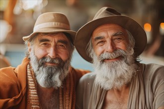 Portrait of two cheerful bearded men wearing hats smiling at the camera, AI generated