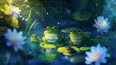 Three frogs on lily pads surrounded by night flowers with a tranquil mood, AI generated