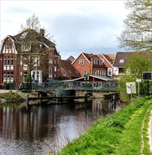 Am Roten Siel, bicycle and pedestrian bridge Witwenbruecke, Emden, East Frisia, Lower Saxony,