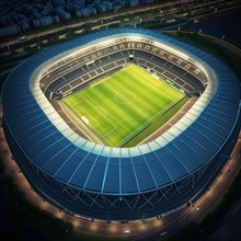 Aerial bird eye top view of a soccer football field stadium in night, AI generated