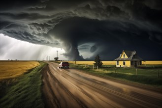 Disaster catastrophe storm concept, tornado in a field in the USA with wooden house and car on road