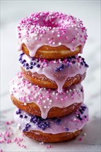 Stack of donuts with pink glazing and sugar sprinkles. KI generiert, generiert, AI generated